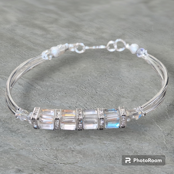 925 Silver & Austrian Crystal Bangle Bracelet - Picture 3 of 7